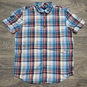 PrAna Mens Large Plaid Short Sleeve Button Down Shirt Lightweight Breathable